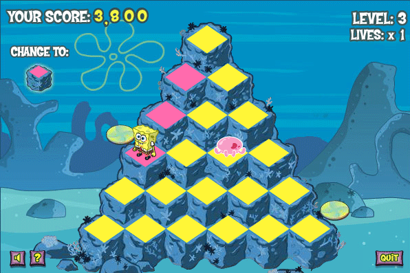 Bob Esponja debe cambiar el color de todos bloques de la piramide